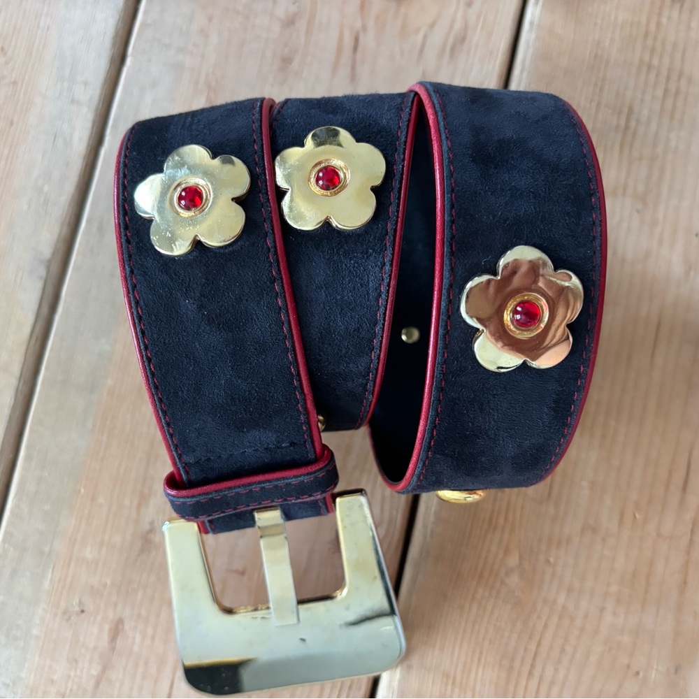 Escada Navy Suede Floral Stud Belt with Gold and Red Accents